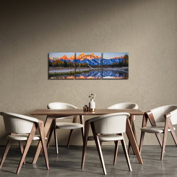 Obraz zasnežených horských štítov (s hodinami) (90x30 cm)