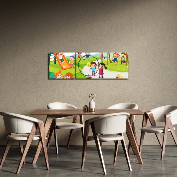 Obraz detských radovánok na pieskovisku (s hodinami) (90x30 cm)