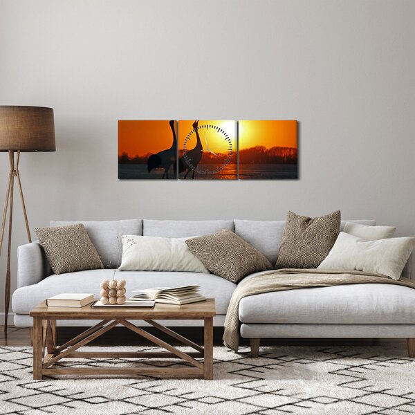 Obraz vtákov pri západe slnka (s hodinami) (90x30 cm)