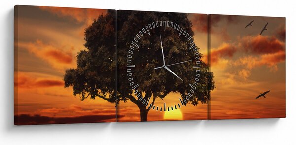 Obraz stromu pri západe slnka (s hodinami) (90x30 cm)