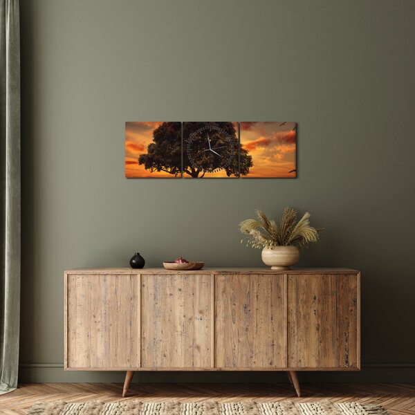Obraz stromu pri západe slnka (s hodinami) (90x30 cm)