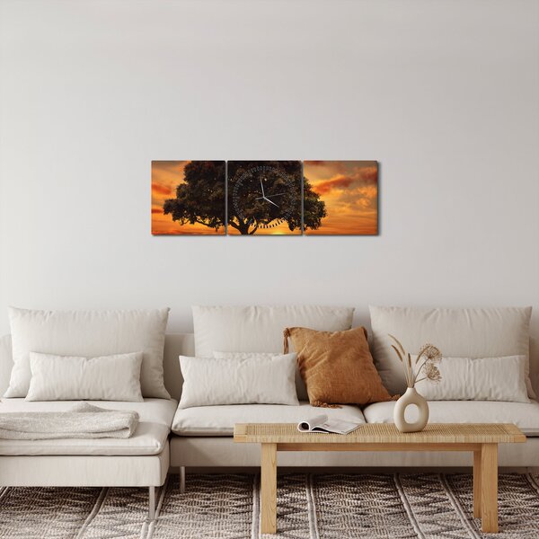 Obraz stromu pri západe slnka (s hodinami) (90x30 cm)