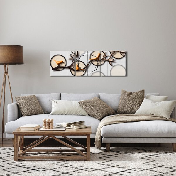 Umelecký obraz - Vtáčiky na vetve (s hodinami) (90x30 cm)