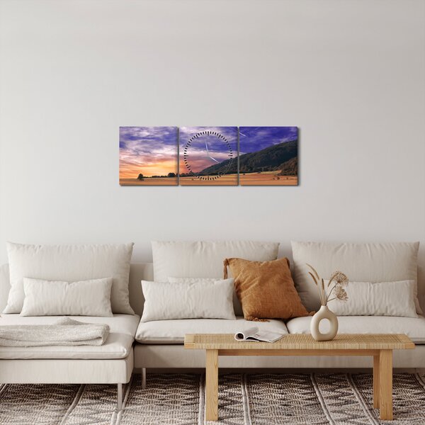 Obraz levanduľovej lúky (s hodinami) (90x30 cm)