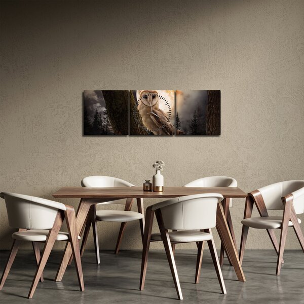 Obraz sovy (s hodinami) (90x30 cm)