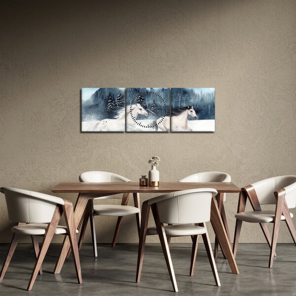 Obraz maľovaných koní (s hodinami) (90x30 cm)
