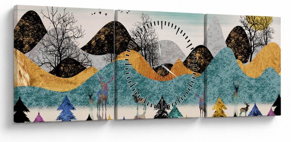 Grafický obraz s jeleňmi (s hodinami) (90x30 cm)