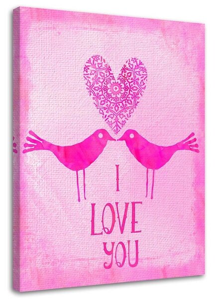 Obraz Dvaja vtáci na ružovom pozadí s nápisom I Love You - Andrea Haase Veľkosť: 40 x 60 cm, Prevedenie: Obraz na plátne