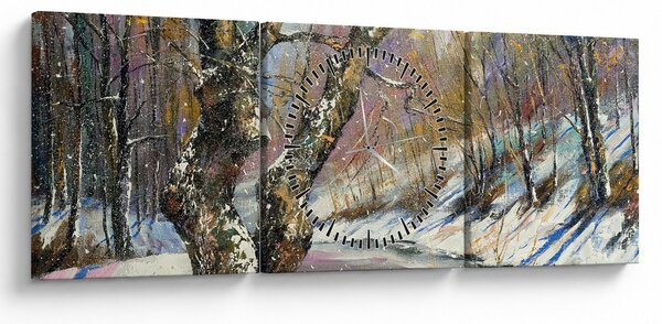 Obraz maľovanej zimnej krajiny (s hodinami) (90x30 cm)