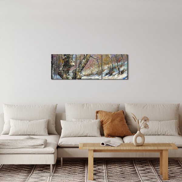 Obraz maľovanej zimnej krajiny (s hodinami) (90x30 cm)