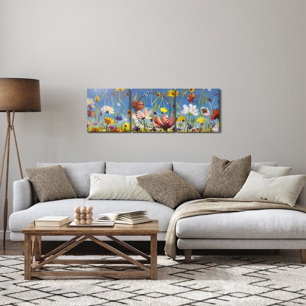 Maľovaný obraz rozkvitnutej lúky (s hodinami) (90x30 cm)