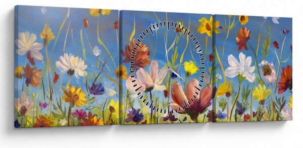 Maľovaný obraz rozkvitnutej lúky (s hodinami) (90x30 cm)