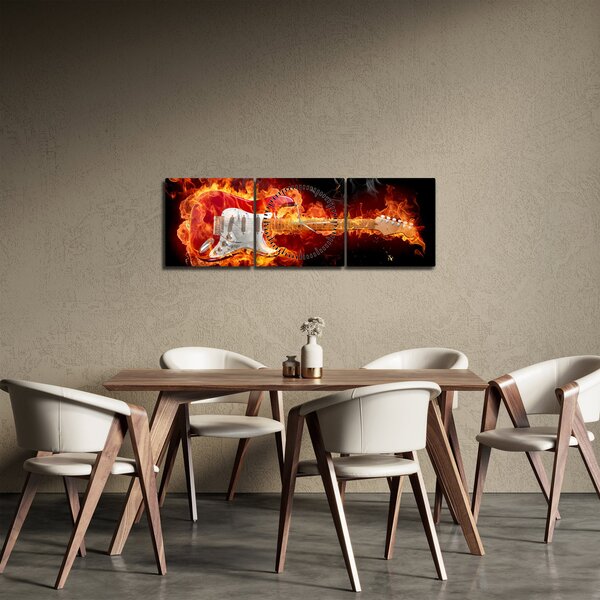 Obraz - Gitara v plameňoch (s hodinami) (90x30 cm)