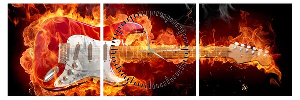Obraz - Gitara v plameňoch (s hodinami) (90x30 cm)