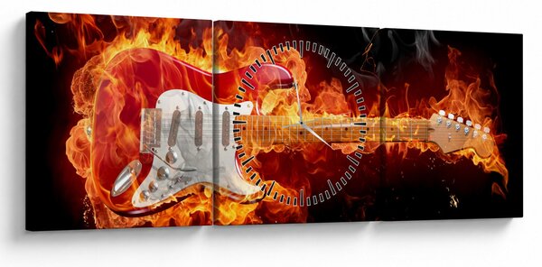 Obraz - Gitara v plameňoch (s hodinami) (90x30 cm)