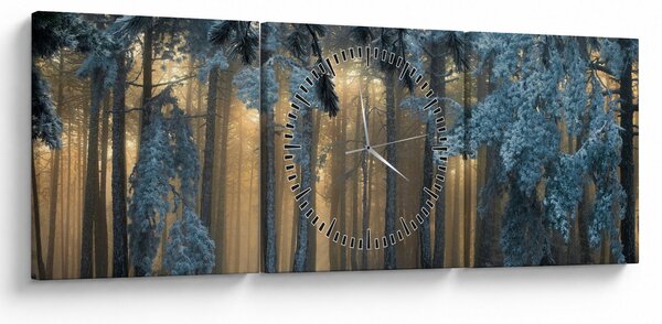 Obraz zasneženého lesa (s hodinami) (90x30 cm)