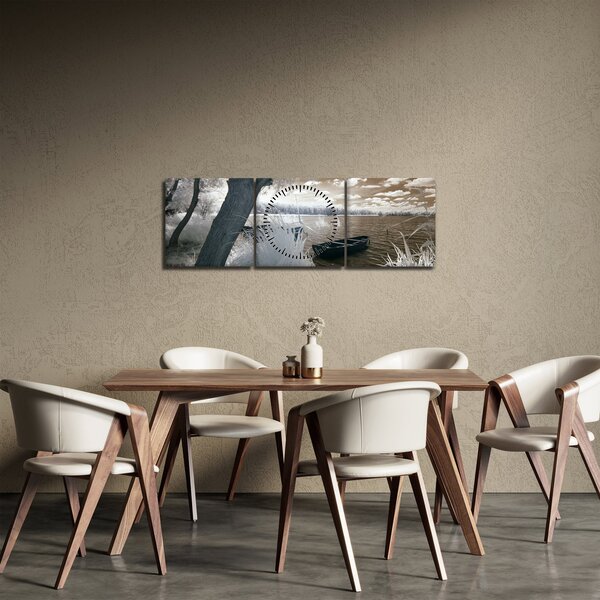 Obraz loďky na jazere (s hodinami) (90x30 cm)
