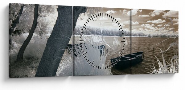 Obraz loďky na jazere (s hodinami) (90x30 cm)
