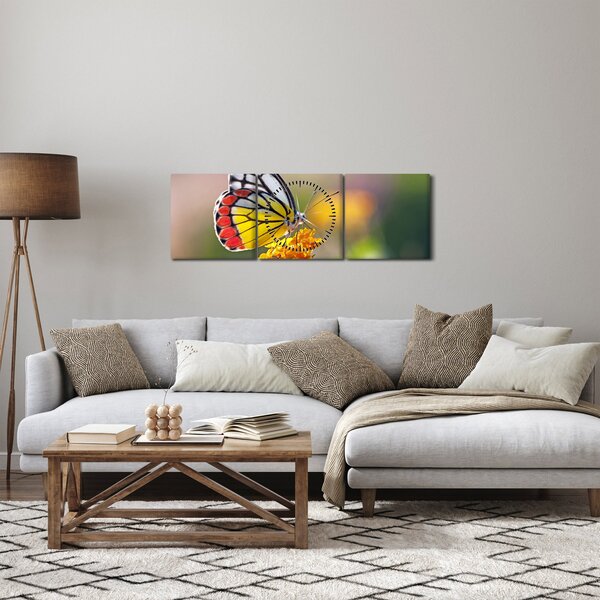 Obraz motýľa na kvete (s hodinami) (90x30 cm)