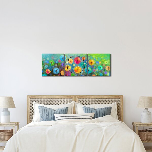 Obraz - Abstraktné kvety (s hodinami) (90x30 cm)