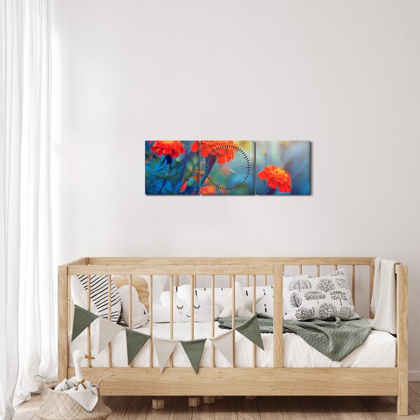 Obraz - Oranžové kvety (s hodinami) (90x30 cm)