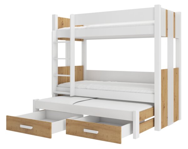 Detská poschodová posteľ ARTEMA + 3x matrac, 90x200, biela/dub artisan
