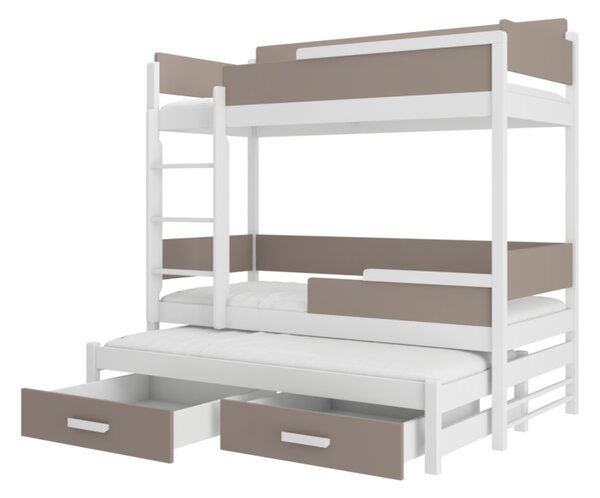 Detská poschodová posteľ KING + 3x matrac, 90x200, biela/trufla