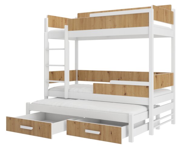 Detská poschodová posteľ KING + 3x matrac, 90x200, biela/dub artisan