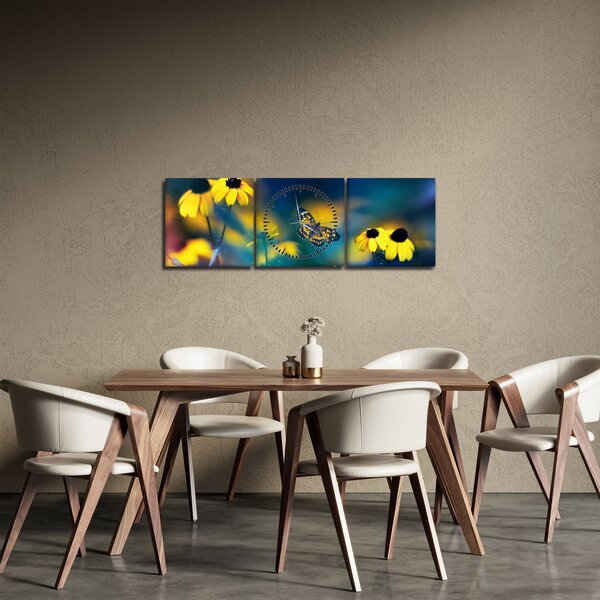 Obraz - Žltý motýľ s kvetmi (s hodinami) (90x30 cm)