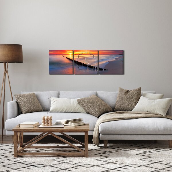 Obraz - Západ slnka, Baltské more, Poľsko (s hodinami) (90x30 cm)