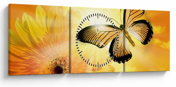 Obraz - Žltý motýľ s kvetom (s hodinami) (90x30 cm)