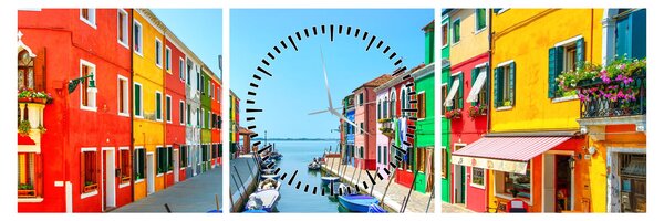 Obraz - Ostrov Burano, Benátky, Taliansko (s hodinami) (90x30 cm)