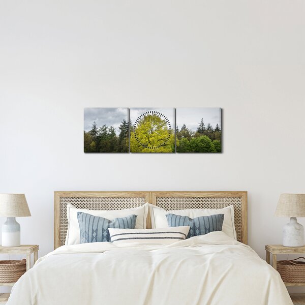 Obraz zeleného stromu uprostred poľa (s hodinami) (90x30 cm)