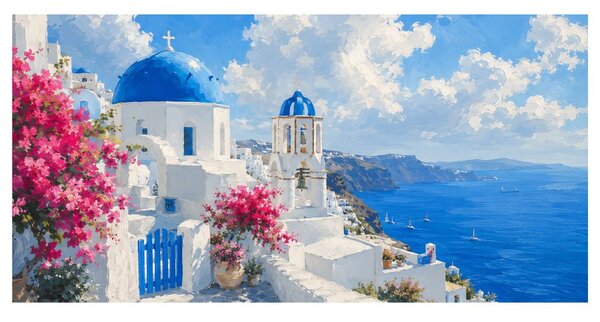 Obraz rozkvitnuté Santorini pod letnou oblohou