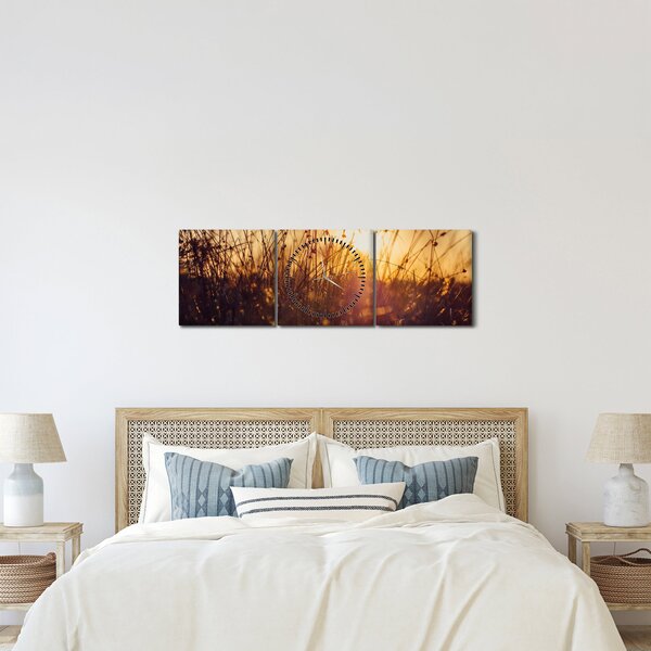 Obraz poľa pri západe slnka (s hodinami) (90x30 cm)