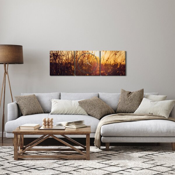 Obraz poľa pri západe slnka (s hodinami) (90x30 cm)