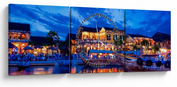 Obraz nočného mesta Hoi An, Vietnam (s hodinami) (90x30 cm)
