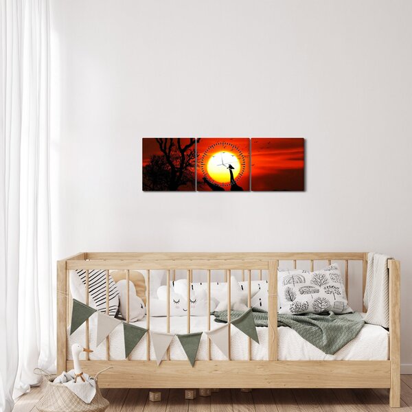 Obraz - Siluety zvierat pri západe slnka (s hodinami) (90x30 cm)
