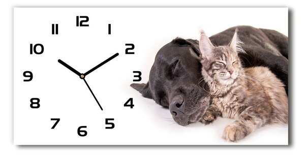 Vodorovné Sklenené hodiny na stenu tiché Pes a mačkou