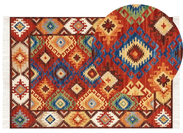 Kelímový koberec viacfarebný vlna 160 x 230 cm ručne tkaný orientálny vzor so strapcami tradičná obývačka spálňa