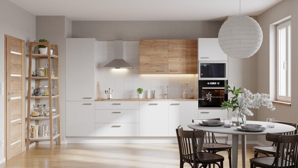Kuchynská linka Naturel 330 cm lesk biela/dub so spotrebičmi Beko EASYBLOK32B