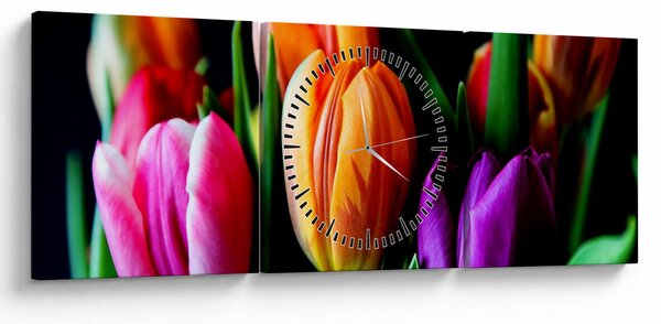 Obraz tulipánov na čiernom pozadí (s hodinami) (90x30 cm)
