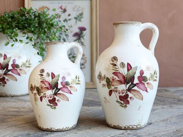Béžová antik keramická váza s kvetmi a uškom Florac - Ø 16*26 cm - Chic Antique