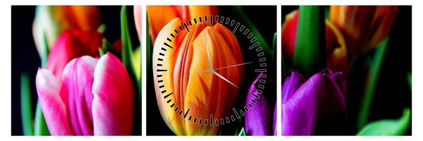 Obraz tulipánov na čiernom pozadí (s hodinami) (90x30 cm)
