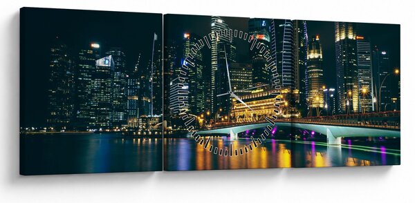 Obraz nočného Singapuru (s hodinami) (90x30 cm)