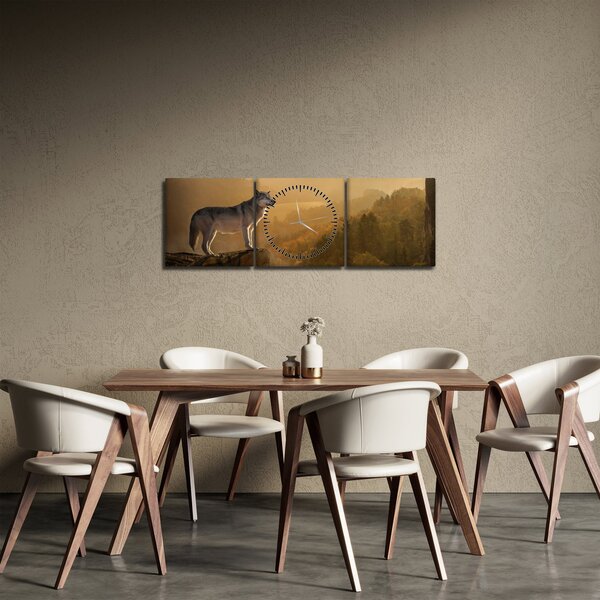 Obraz vlka na skale (s hodinami) (90x30 cm)
