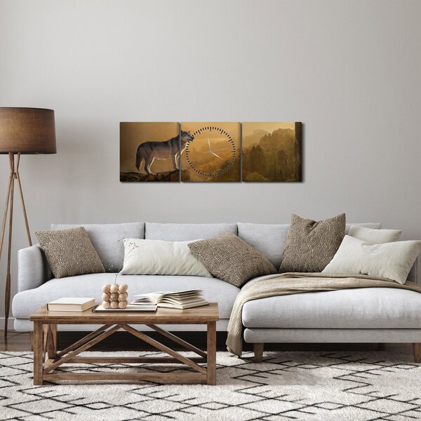 Obraz vlka na skale (s hodinami) (90x30 cm)