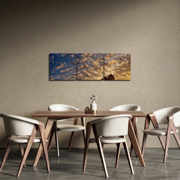 Obraz - Palmy medzi mrakmi (s hodinami) (90x30 cm)
