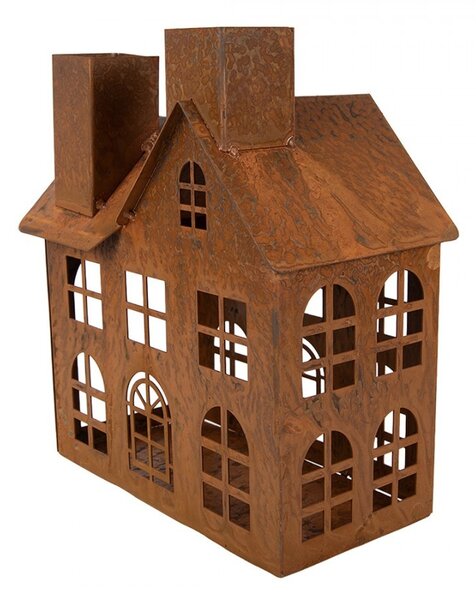 Hrdzavý svietnik v tvare domčeka Rustic Charm - 11*19*21 cm - Clayre & Eef