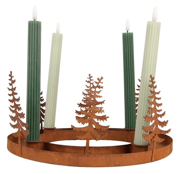 Kovový rustikálny hrdzavý svietnik na 4 sviečky so stromčekmi Candle Rust - Ø 30*15 cm - Clayre & Eef